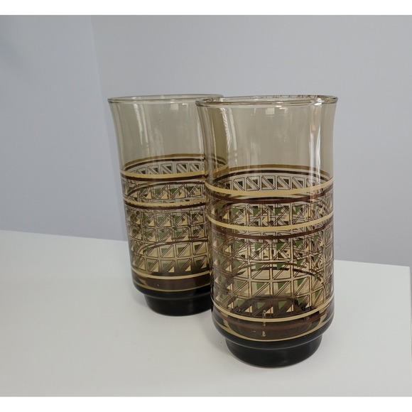 Other - Retro‎ Brown Glasses Drinking Glasses with Textile Checkered Design – Set of Two